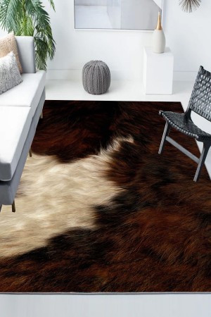 Kahve Beyaz Kürk Desenli Modern Kaymaz Yıkanabilir Mutfak Salon Halısı