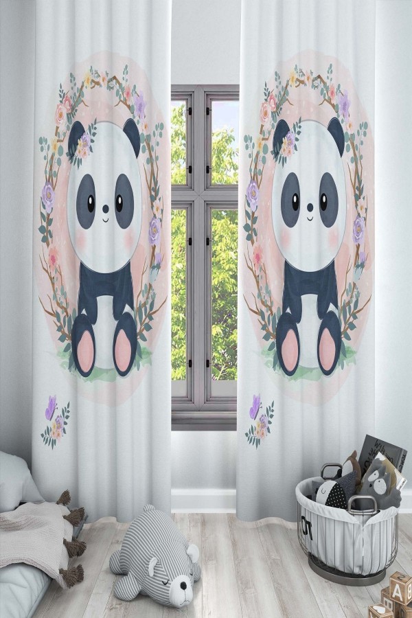 Pembe Çiçekli Panda Desenli Dekoratif Çocuk Ve Bebek Odası Fon Perde Pembe Çiçekli Panda Desenli Dekoratif Çocuk Ve Bebek Odası Fon Perde