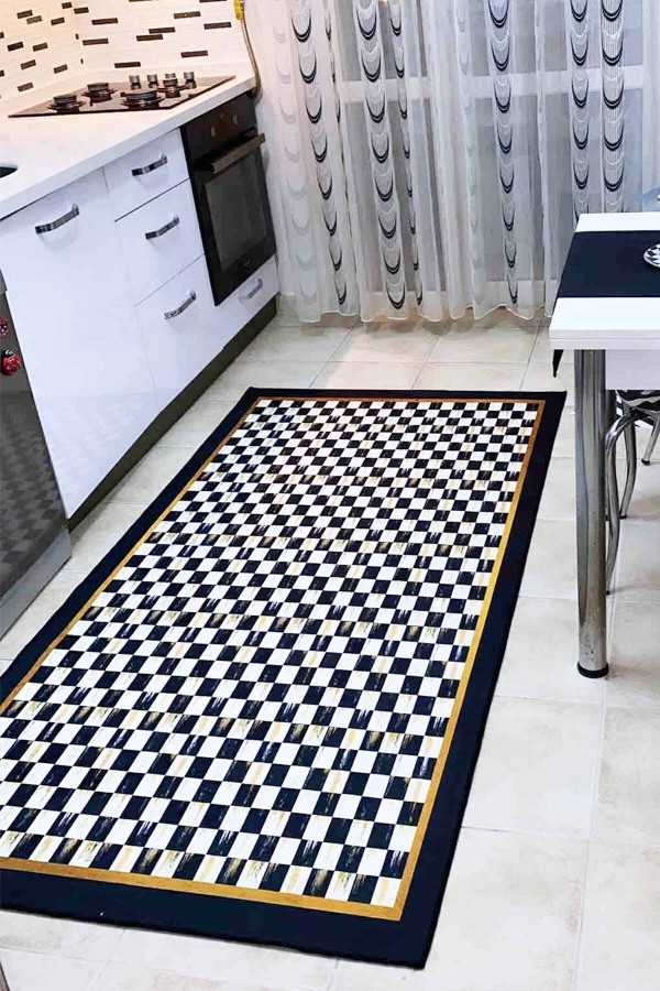 Siyah Beyaz Damalı Dijital Baskı Desenli Yıkanabilir Kaymaz Taban Mutfak Halısı Halı Yolluk Siyah Beyaz Damalı Dijital Baskı Desenli Yıkanabilir Kaymaz Taban Mutfak Halısı Halı Yolluk