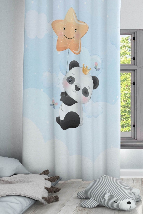 Yıldızlı Bulutlu Panda Desenli Dekoratif Çocuk Ve Bebek Odası Fon Perde Yıldızlı Bulutlu Panda Desenli Dekoratif Çocuk Ve Bebek Odası Fon Perde