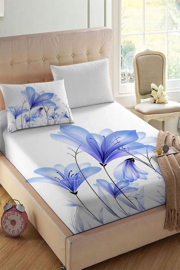 Mavi Çiçekli Baskılı Desenli Lastikli Tek Kişilik Yastıklı Lastikli Çarşaf Takımı 90x190cm