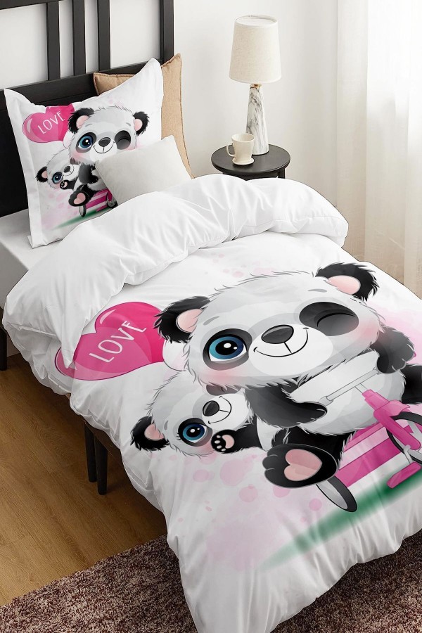 Love Yazılı Bisikletli Panda Desenli Çarşafsız Tek Kişilik Çocuk Nevresim Takımı