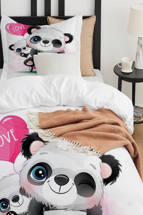 Love Yazılı Bisikletli Panda Desenli Çarşafsız Tek Kişilik Çocuk Nevresim Takımı