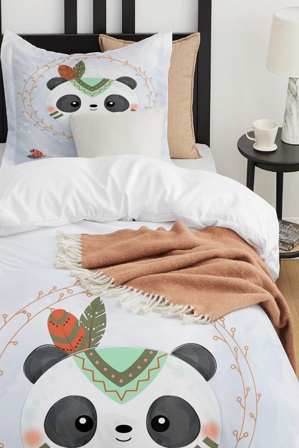Kızılderili Sevimli Panda Desenli Çarşafsız Tek Kişilik Çocuk Nevresim Takımı