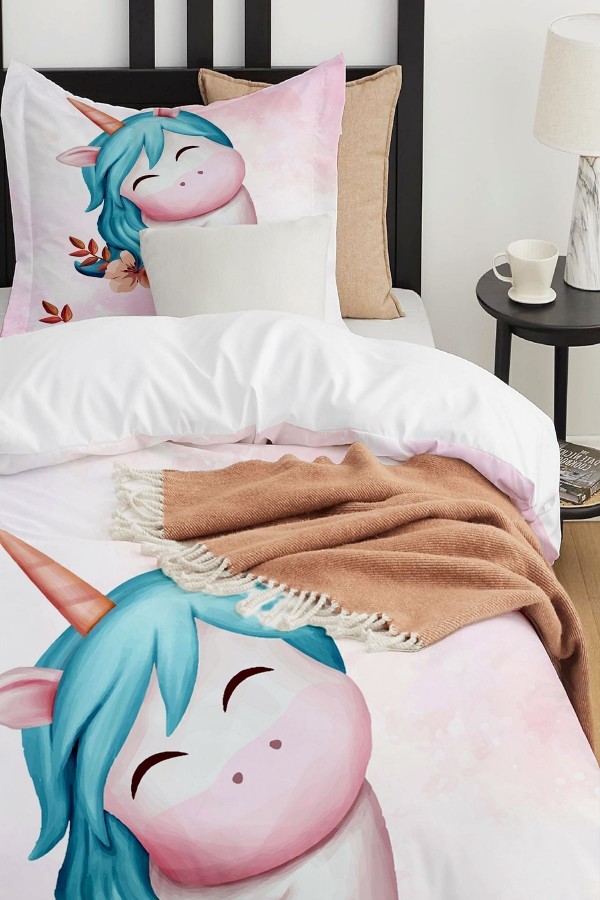Renkli Unicorn At Desenli Çarşafsız Tek Kişilik Çocuk Nevresim Takımı
