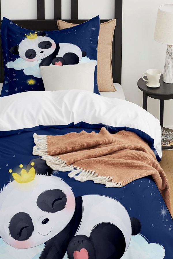 Mavi Sevimli Uyuyan Panda Desenli Çarşafsız Tek Kişilik Çocuk Nevresim Takımı