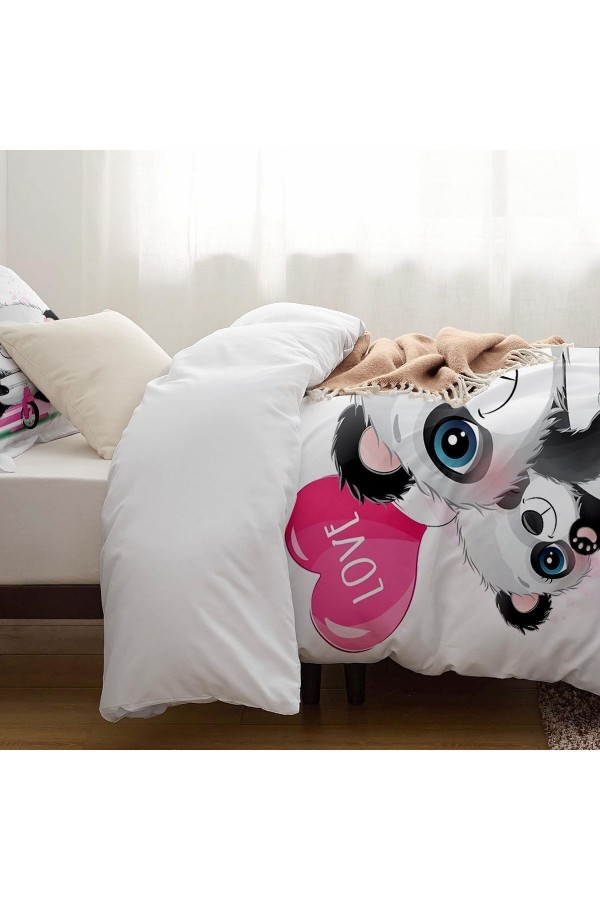 Love Yazılı Bisikletli Panda Desenli Çarşafsız Tek Kişilik Çocuk Nevresim Takımı