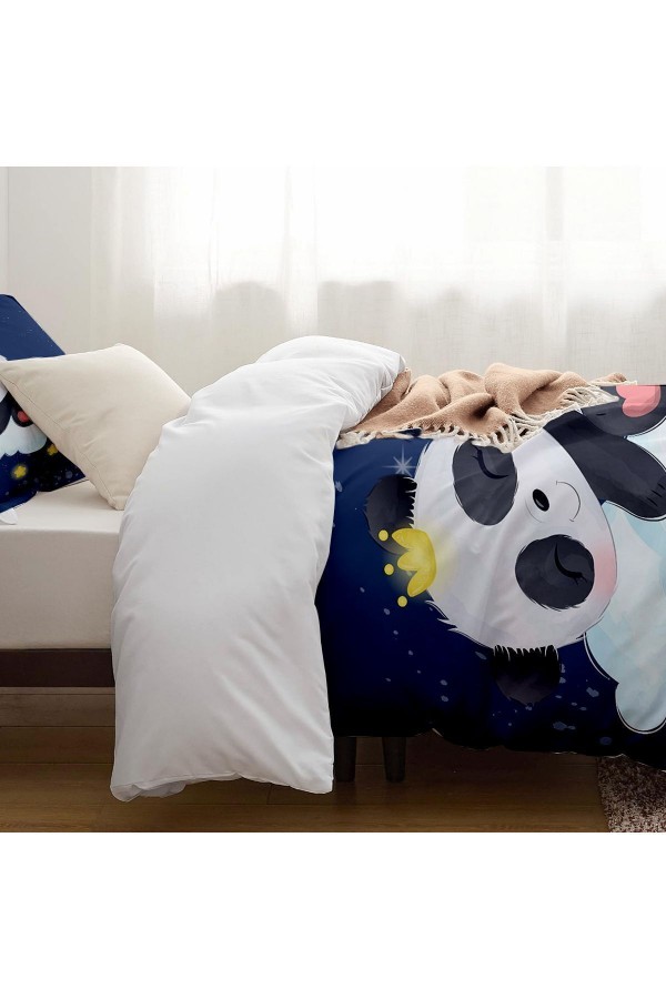 Mavi Sevimli Uyuyan Panda Desenli Çarşafsız Tek Kişilik Çocuk Nevresim Takımı