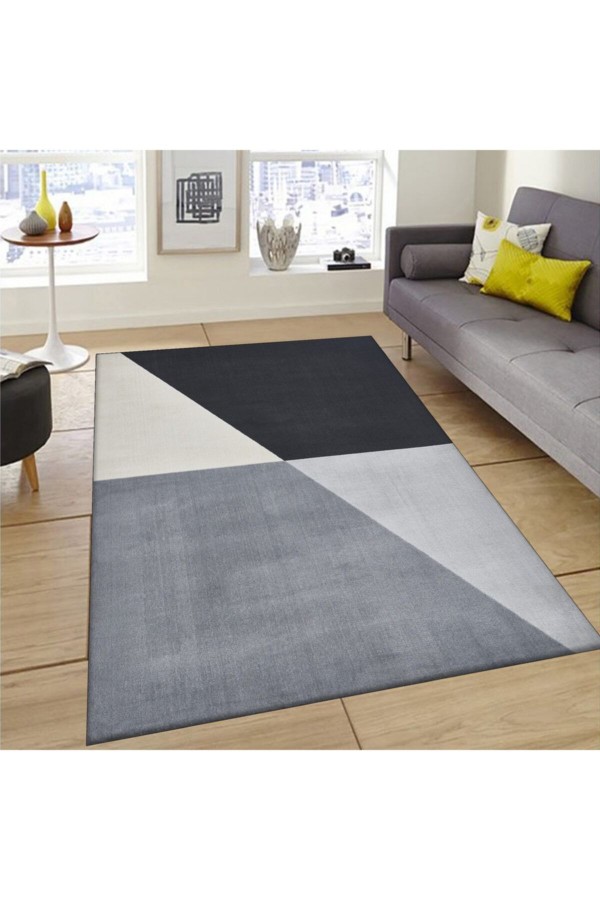 Gri Geometrik Desenli Yıkanabilir Kaymaz Taban Halı