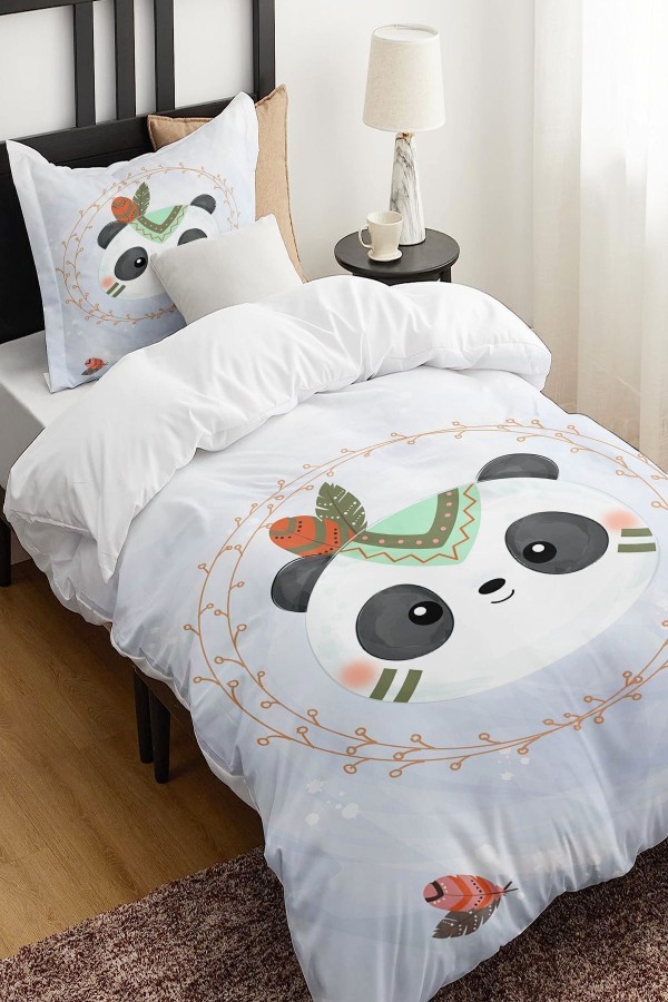 Kızılderili Sevimli Panda Desenli Çarşafsız Tek Kişilik Çocuk Nevresim Takımı