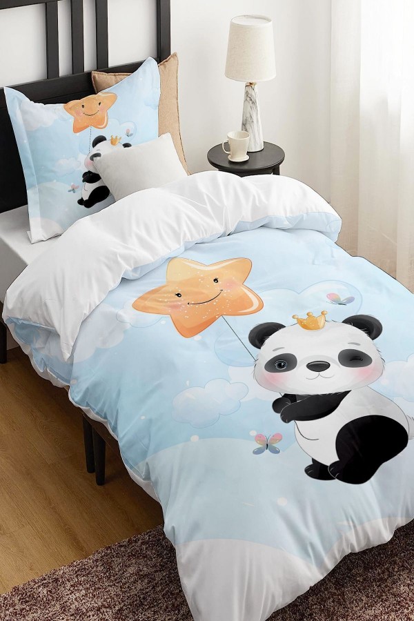 Yıldızlı Minik Panda Desenli Çarşafsız Tek Kişilik Çocuk Nevresim Takımı Yıldızlı Minik Panda Desenli Çarşafsız Tek Kişilik Çocuk Nevresim Takımı