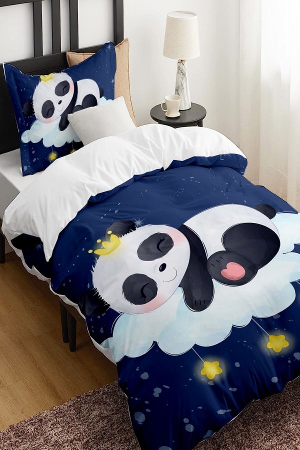 Mavi Sevimli Uyuyan Panda Desenli Çarşafsız Tek Kişilik Çocuk Nevresim Takımı