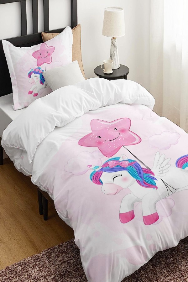 Pembe Yıldızlı Unicorn Desenli Çarşafsız Tek Kişilik Çocuk Nevresim Takımı