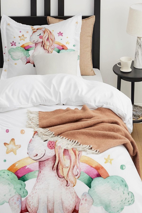 Gök Kuşapı Unicorn At Desenli Çarşafsız Tek Kişilik Çocuk Nevresim Takımı