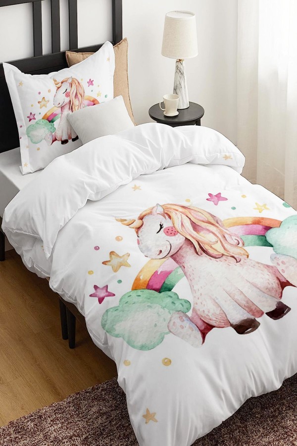 Gök Kuşapı Unicorn At Desenli Çarşafsız Tek Kişilik Çocuk Nevresim Takımı