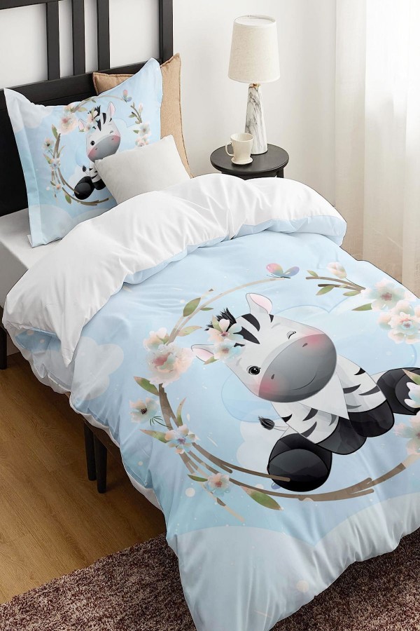 Mavi Siyah Beyaz Zebra Hayvanlı Desenli Çarşafsız Tek Kişilik Çocuk Nevresim Takımı