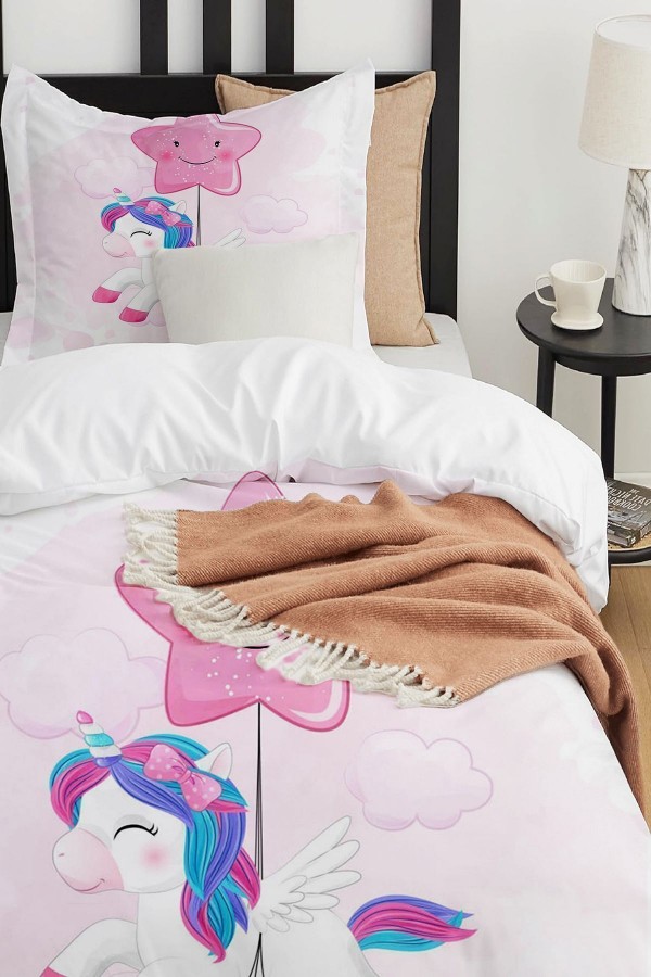 Pembe Yıldızlı Unicorn Desenli Çarşafsız Tek Kişilik Çocuk Nevresim Takımı