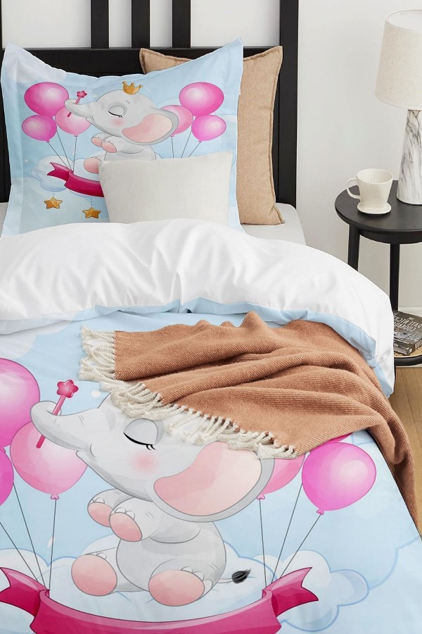 Pembe Filli Balonlar Desenli Çarşafsız Tek Kişilik Çocuk Nevresim Takımı