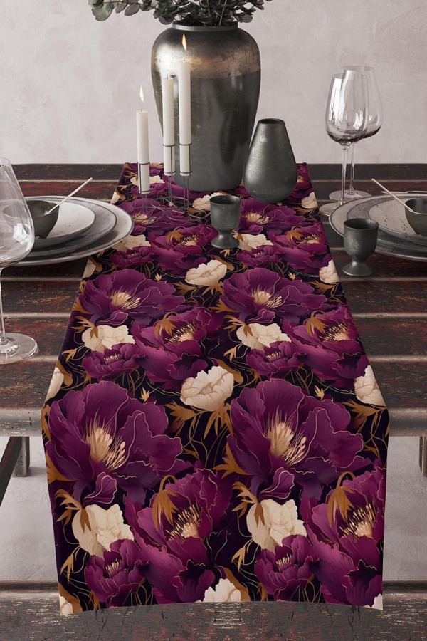 Mor Sarı Çiçek Desenli Baskılı Leke Tutmaz Yıkanabilir Dekoratif Masa Örtüsü Runner 40x140cm Mor Sarı Çiçek Desenli Baskılı Leke Tutmaz Yıkanabilir Dekoratif Masa Örtüsü Runner 40x140cm
