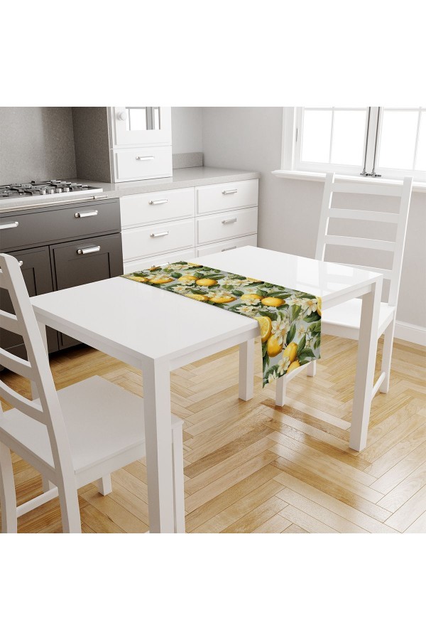 Yeşil Yapraklı Limonlu Desenli Dijital Baskılı Leke Tutmaz Dertsiz Dekoratif Runner 40x140cm
