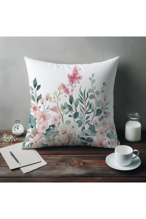 Renkli Çiçekler Desenli Dijital Baskılı Dekoratif Çift Taraflı Kırlent Kılıfı 43x43cm