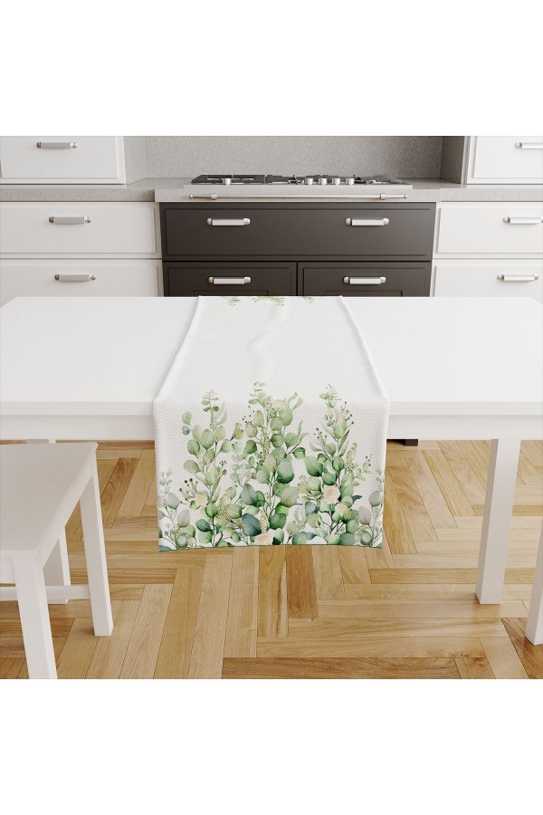 Yeşil Okaliptus Desenli Dijital Baskılı Leke Tutmaz Dertsiz Dekoratif Runner 40x140cm
