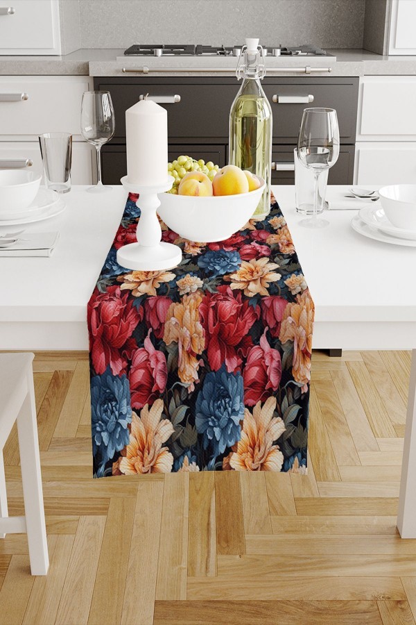 Renkli Güller Desenli Baskılı Leke Tutmaz Yıkanabilir Dekoratif Masa Örtüsü Runner 40x140cm