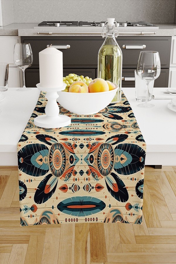 Renkli Tüyler Desenli Dijital Baskılı Leke Tutmaz Dertsiz Dekoratif Runner 40x140cm