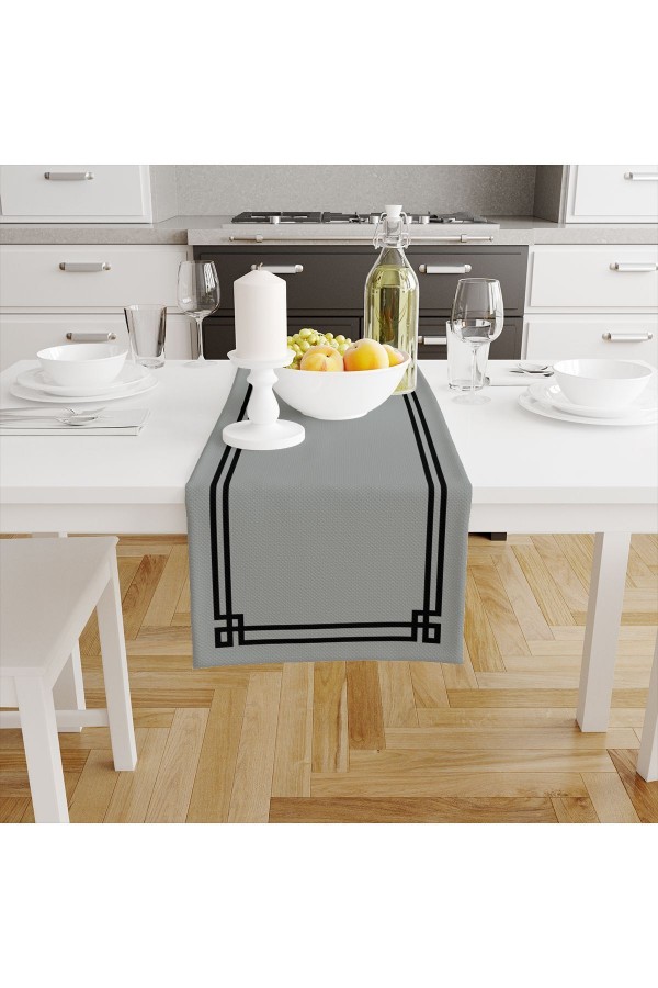 Gri Siyah Çizgili Desenli Baskılı Leke Tutmaz Yıkanabilir Dekoratif Masa Örtüsü Runner 40x140cm