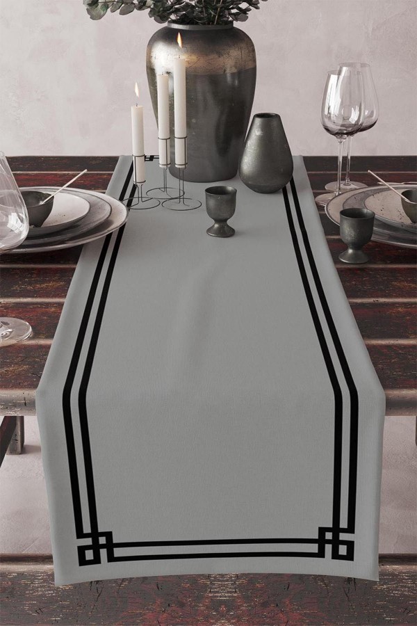 Gri Siyah Çizgili Desenli Baskılı Leke Tutmaz Yıkanabilir Dekoratif Masa Örtüsü Runner 40x140cm