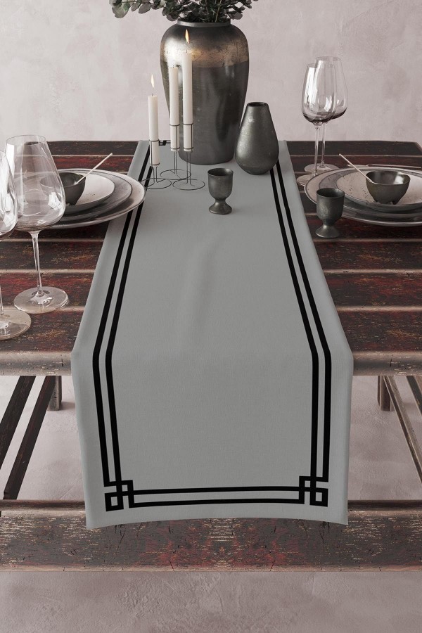 Gri Siyah Çizgili Desenli Baskılı Leke Tutmaz Yıkanabilir Dekoratif Masa Örtüsü Runner 40x140cm