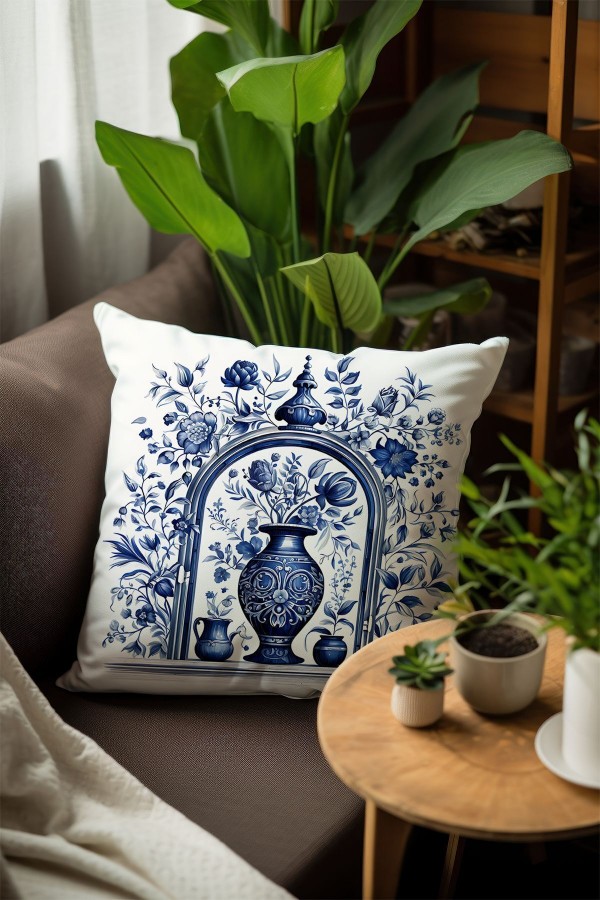 Mavi Beyaz Vazo Vintage Desenli Dijital Baskılı Dekoratif Çift Taraflı Kırlent Kılıfı 43x43cm Mavi Beyaz Vazo Vintage Desenli Dijital Baskılı Dekoratif Çift Taraflı Kırlent Kılıfı 43x43cm