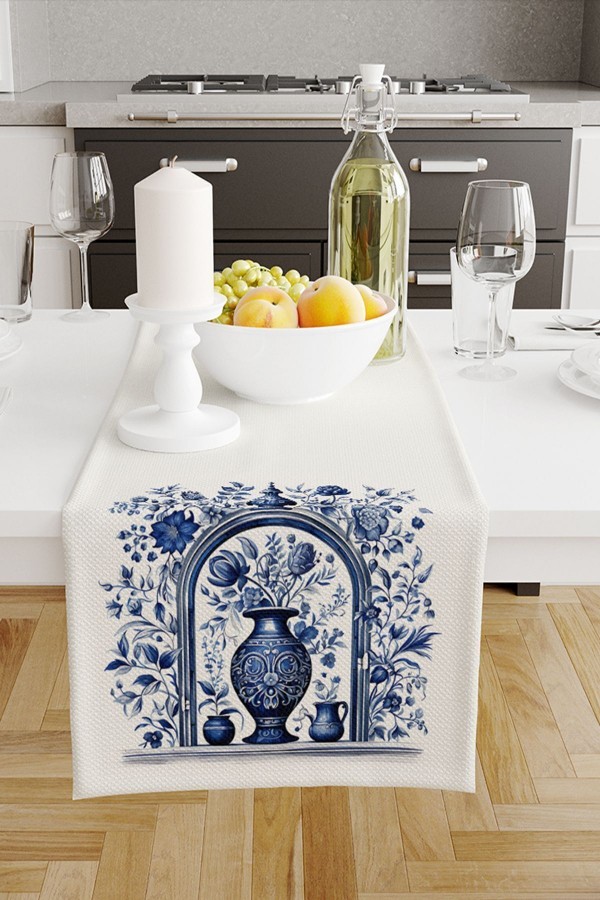 Mavi Beyaz Vazo Vintage Desenli Dijital Baskılı Leke Tutmaz Dertsiz Dekoratif Runner 40x140cm