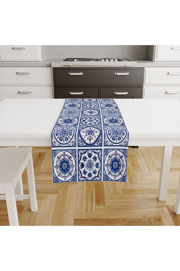 Mavi Beyaz Çini Desenli Dijital Baskılı Leke Tutmaz Dertsiz Dekoratif Runner 40x140cm