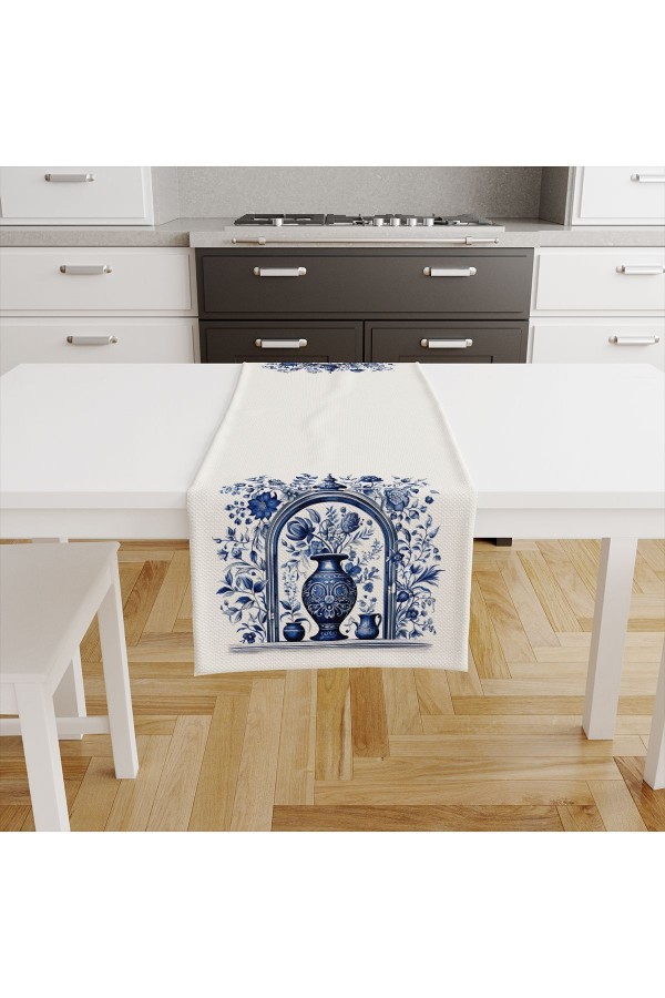 Mavi Beyaz Vazo Vintage Desenli Dijital Baskılı Leke Tutmaz Dertsiz Dekoratif Runner 40x140cm