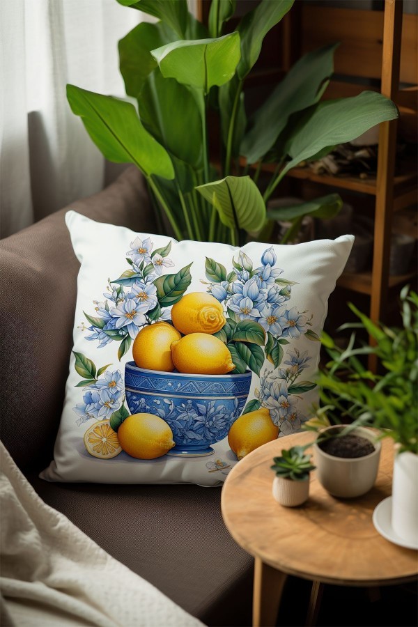 Vintage Limonlar Desenli Dijital Baskılı Dekoratif Çift Taraflı Kırlent Kılıfı 43x43cm