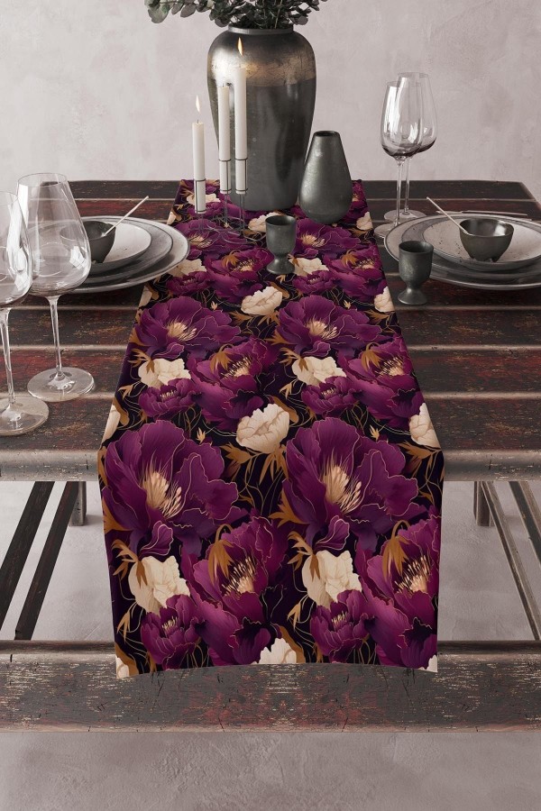 Mor Sarı Çiçek Desenli Baskılı Leke Tutmaz Yıkanabilir Dekoratif Masa Örtüsü Runner 40x140cm Mor Sarı Çiçek Desenli Baskılı Leke Tutmaz Yıkanabilir Dekoratif Masa Örtüsü Runner 40x140cm