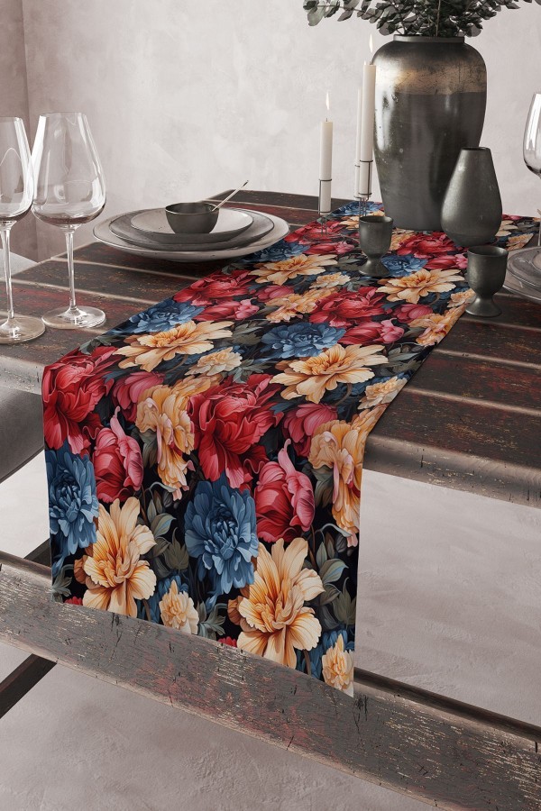 Renkli Güller Desenli Baskılı Leke Tutmaz Yıkanabilir Dekoratif Masa Örtüsü Runner 40x140cm