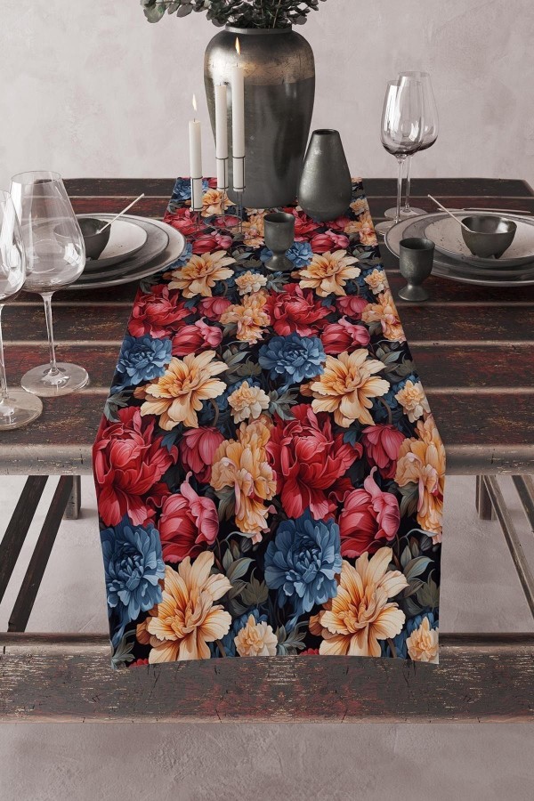 Renkli Güller Desenli Baskılı Leke Tutmaz Yıkanabilir Dekoratif Masa Örtüsü Runner 40x140cm
