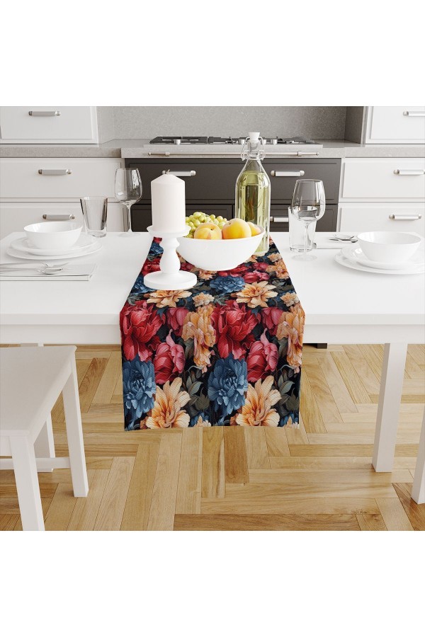 Renkli Güller Desenli Baskılı Leke Tutmaz Yıkanabilir Dekoratif Masa Örtüsü Runner 40x140cm