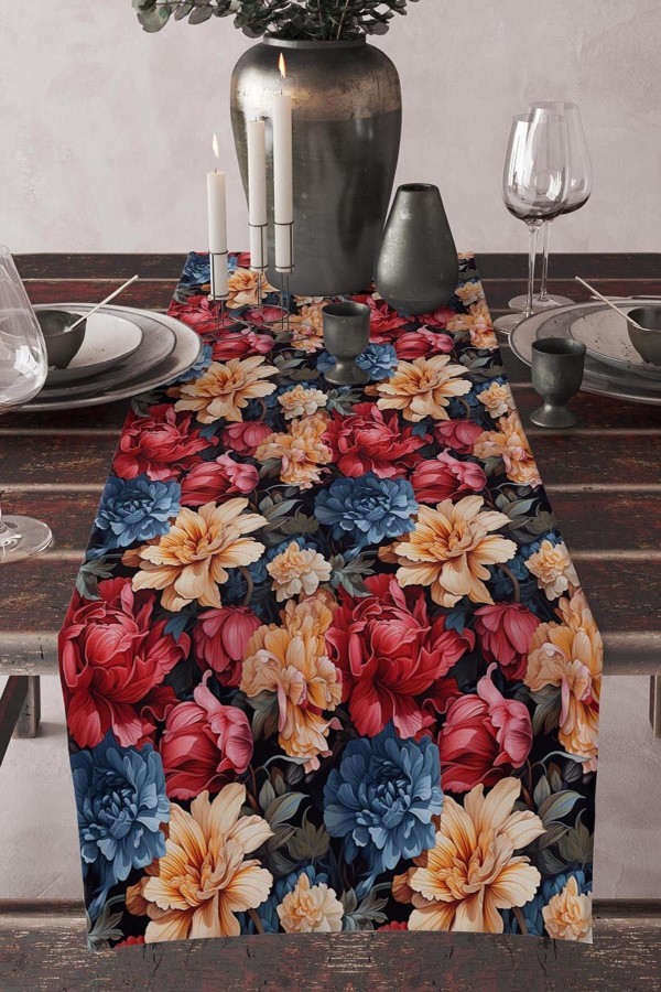 Renkli Güller Desenli Baskılı Leke Tutmaz Yıkanabilir Dekoratif Masa Örtüsü Runner 40x140cm