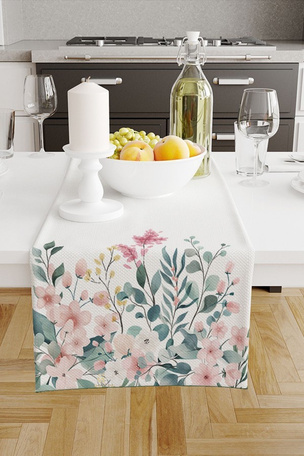 Renkli Çiçekler Desenli Dijital Baskılı Leke Tutmaz Dertsiz Dekoratif Runner 40x140cm