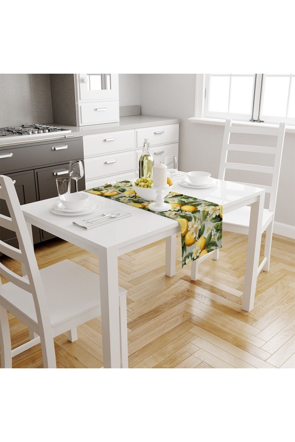 Yeşil Yapraklı Limonlu Desenli Dijital Baskılı Leke Tutmaz Dertsiz Dekoratif Runner 40x140cm