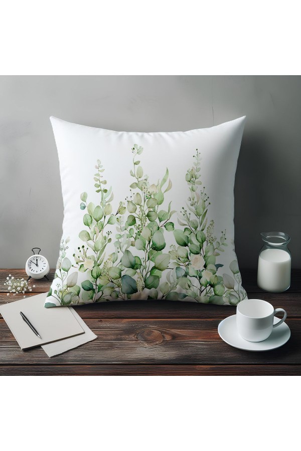 Yeşil Okaliptus Desenli Dijital Baskılı Dekoratif Çift Taraflı Kırlent Kılıfı 43x43cm