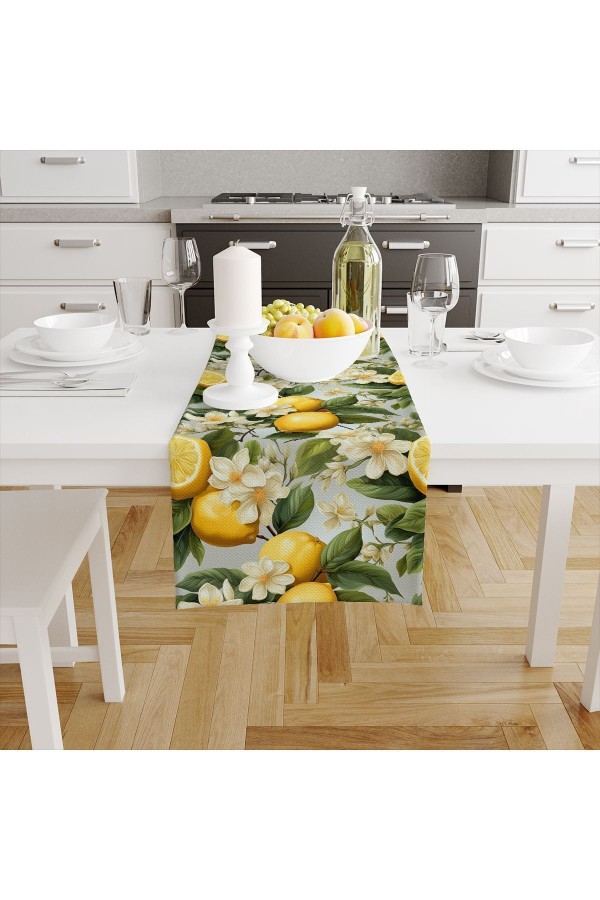 Yeşil Yapraklı Limonlu Desenli Dijital Baskılı Leke Tutmaz Dertsiz Dekoratif Runner 40x140cm