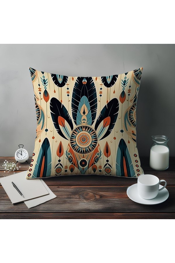 Renkli Tüyler Desenli Dijital Baskılı Dekoratif Çift Taraflı Kırlent Kılıfı 43x43cm