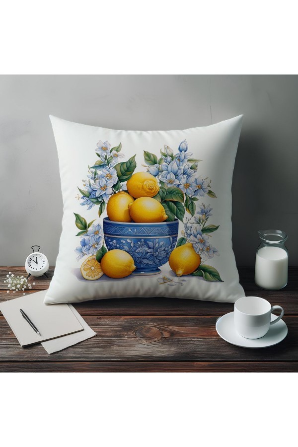 Vintage Limonlar Desenli Dijital Baskılı Dekoratif Çift Taraflı Kırlent Kılıfı 43x43cm