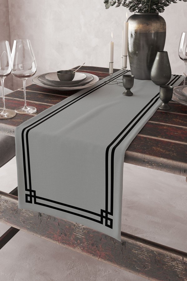 Gri Siyah Çizgili Desenli Baskılı Leke Tutmaz Yıkanabilir Dekoratif Masa Örtüsü Runner 40x140cm