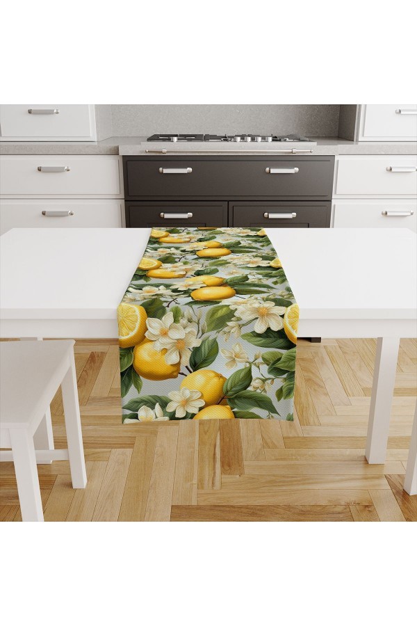 Yeşil Yapraklı Limonlu Desenli Dijital Baskılı Leke Tutmaz Dertsiz Dekoratif Runner 40x140cm