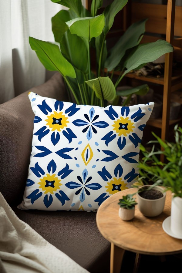 Mavi Beyaz Sarı Etnik Desenli Dijital Baskılı Dekoratif Çift Taraflı Kırlent Kılıfı 43x43cm Mavi Beyaz Sarı Etnik Desenli Dijital Baskılı Dekoratif Çift Taraflı Kırlent Kılıfı 43x43cm
